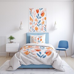 bright spring colors blue and orange, pinknordic pattern white background