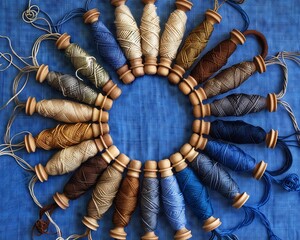 A pattern of yarn spools arranged in an intricate circle, each thread is a different color and shade ranging from light blue to dark brown The colors range from light beige to deep navy - obrazy, fototapety, plakaty