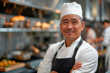 chef asiático feliz con gorro de cocinero de pie en una cocina con brazos cruzados, fondo borroso con otros cocineros trabajando y comida