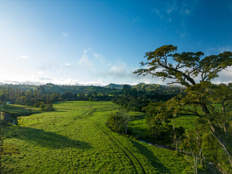 Aerial photograph rural landscape farms villages picturesque green patchwork pasture, Chiriqui, panama - stock photo