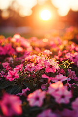 Flowerbed with pink petunia flowers in sunset lighting.