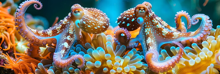 a couple of octopus sitting next to each other on top of a bed of orange and blue sea anemones.
