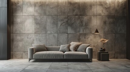 A photo of large grey tiles on the wall, with a minimalistic design and a sofa in front The scene is captured from an eyelevel perspective