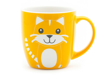 Yellow coffee cup with cute cat face shape isolated on a white background.