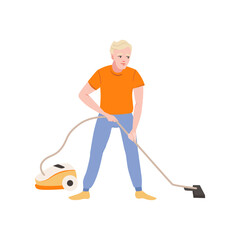 Cheerful young man using a vacuum cleaner isolated on white background. Cleaning process, home routine, daily chores, household duties vector illustration