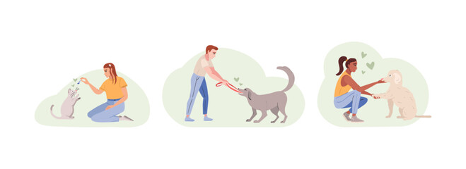 Set of composition with pet owners and trainers characters working with dog training obedience. Playing with pets, spending time with cats and dogs concept