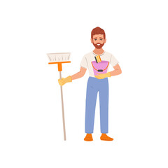 Cheerful cleaning man with mop and bucket. Spring cleaning. Male janitor cartoon character
