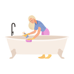 Woman washing bathtub with detergent and sponge. Housewife at home. Housemaid cleaning the apartment, bathroom. Cleaning service. Cleaner app. Flat illustration.