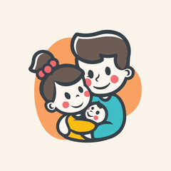 Mum hugging dad and son cartoon logo, kids care vector illustration