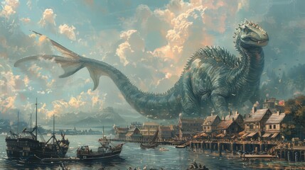 Giant Serpentine Monster Looming Over Ancient Seaport Town
 - obrazy, fototapety, plakaty
