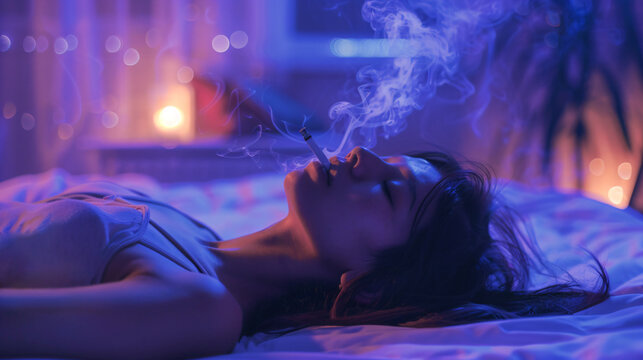 girl lies on the bed and smokes