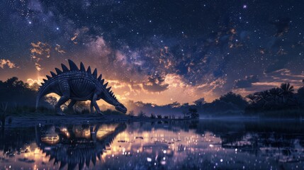 Starry Night over a Giant Stegosaurus by a Tranquil Lakeside - obrazy, fototapety, plakaty