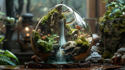 Glass Globe Terrarium Featuring a Miniature Forest Waterfall