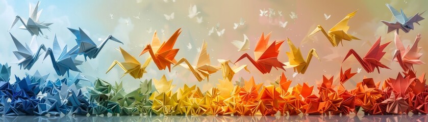 Origami crane flock paper art - obrazy, fototapety, plakaty