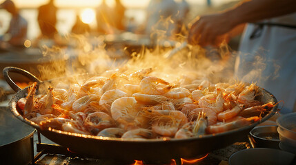 Seafood cooking demos, golden hour glow, eyelevel, culinary arts, against a void - obrazy, fototapety, plakaty