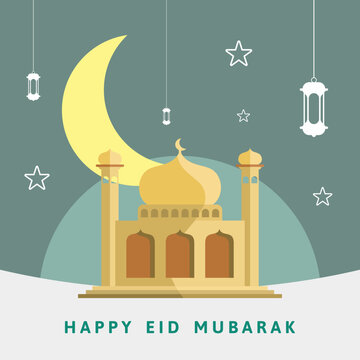 Eid mubarak mosque moon star lantern lamp happy greeting image vector illustration