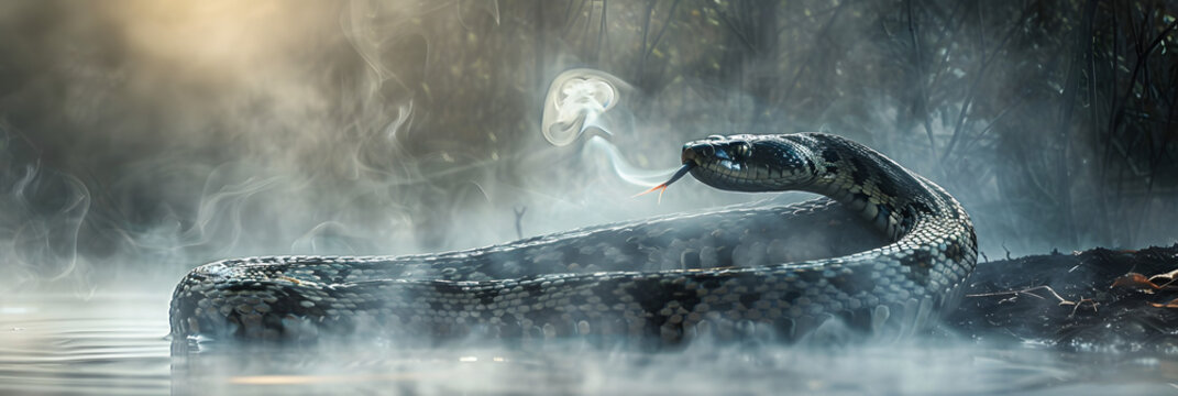 a large snake sitting on top of a body of water in the middle of a foggy area with smoke coming out of its mouth.