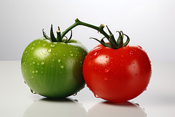 Contrast of Ripeness: Fresh Green and Red Tomatoes -  water droplets, white background