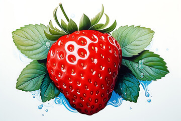 colorful illustration of ripe, red strawberry, lush green leaves and splashes of water,