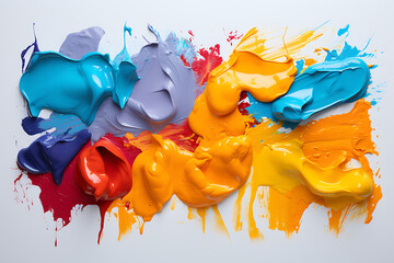 Glossy strokes of wet paint strokes in red, blue, yellow and purple, across white surface