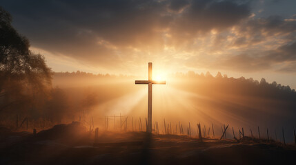 Christian cross at twilight in the morning. - obrazy, fototapety, plakaty