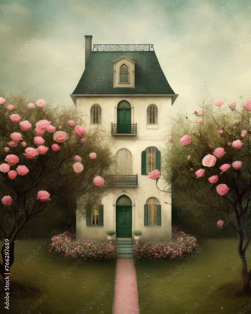 Wall mural Cute Old House in Spring Blooming Garden. Cottage surrounded by flowering trees and Pink Flowers. Illustration in Vintage Style