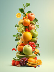 Vibrant fruit tower on gradient background. Colorful stack of fresh fruits artistically arranged on a soft gradient backdrop