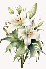 Watercolor lily clipart with elegant white petals and green stems - obrazy, fototapety, plakaty