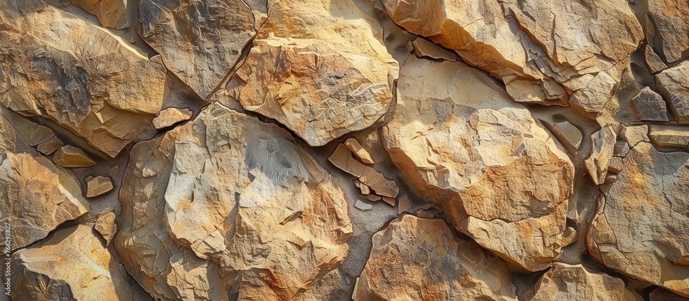 Poster a closeup of a bedrock outcrop with a pattern of rocks stacked on a wall, resembling a piece of art.