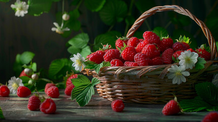Fototapeta na wymiar A basket of raspberries on the table with green leaves and white flowers scattered around, fresh and juicy strawberries and raspberries, still life illustration with unusual details,