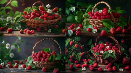 A basket of raspberries on the table with green leaves and white flowers scattered around, fresh and juicy strawberries and raspberries, still life illustration with unusual details,