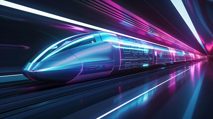 Fototapeta na wymiar High-speed train speeds through a pink and blue neon-lit futuristic tunnel.