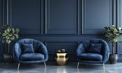 Blue sofa in a room with blue walls, marble floor and table. Created with Ai