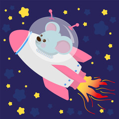 Fototapeta na wymiar Cute cartoon space mouse flies on a rocket. Minimalistic children s character, cute stylized mouse in a flying saucer, illustration background. Trendy pattern for wrapping paper, wallpaper, stickers