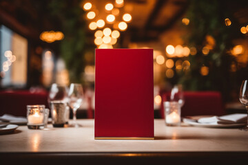 Naklejka na ściany i meble Red menu on the table in the restaurant with blurred background. Design template or mockup with copyspace