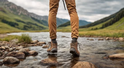  View from mountains - Hiking hiker traveler landscape adventure nature outdoors sport background panorama - Close up of feets with hiking shoes from a man or woman walking in the river © Pham Ty