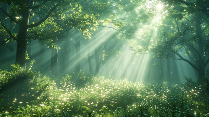 A beautiful forest scene with rays of sunlight piercing through the trees, creating an enchanting and magical atmosphere. Created with Ai