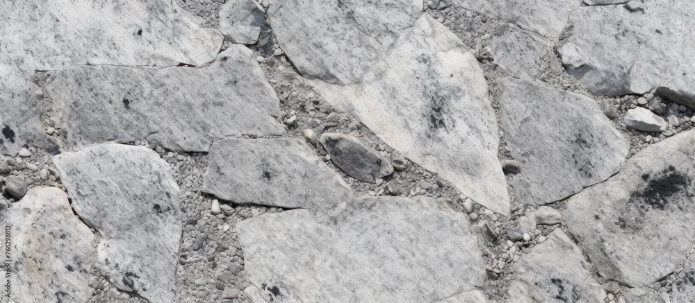 Poster a close up of a monochrome rock outcrop with various rocks and soil, showcasing the intricate patter