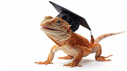 Education concept, back to school and graduation. Funny lizard in academic cap isolated on white background with space for text