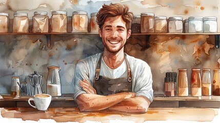 Smiling barista with coffee cup cartoon watercolor clipart - obrazy, fototapety, plakaty