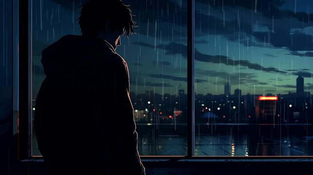 Silhouette boy observing in rain the city Beyond the Window. Fantasy landscape anime or cartoon style, looping 4k video animation background