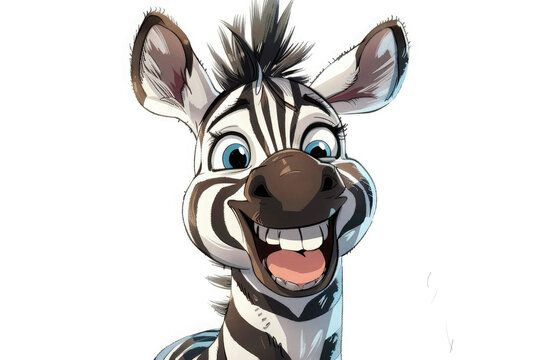cartoon happy zebra looking at camera smiling with teeth isolated on white background. Funny animal caricature.