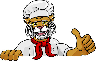Wildcat Chef Mascot Sign Cartoon Character