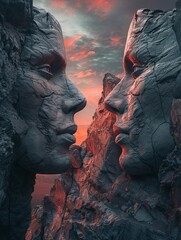 Rage and serenity, twin faces carved into cliff sides, sunset backlight, dramatic contrast - obrazy, fototapety, plakaty