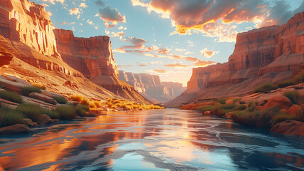 A beautiful canyon that splits the earth, along the bottom of which a river flows. - obrazy, fototapety, plakaty