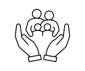 Hand support family community, kinship line icon. Care, protection, help parents and children in family. Generational connection, family research, genealogy. Volunteer support. Vector outline illustra