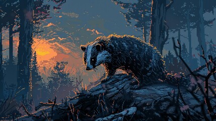 Badger pixel art digging animation dusk underbrush determined and stout - obrazy, fototapety, plakaty