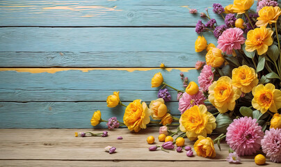 Vibrant flowers on the wooden board
