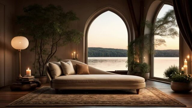 ベッドとソファと植物の海が見える寝室の風景動画