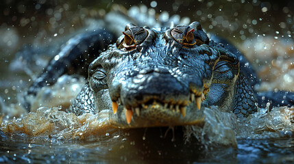 Obraz premium Crocodile emerging from water the epitome of stealth and patience in the hunt Photo